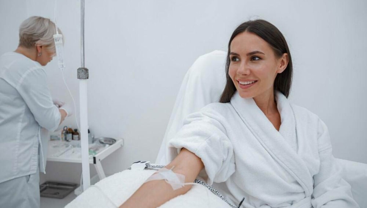 a woman in a hospital bed