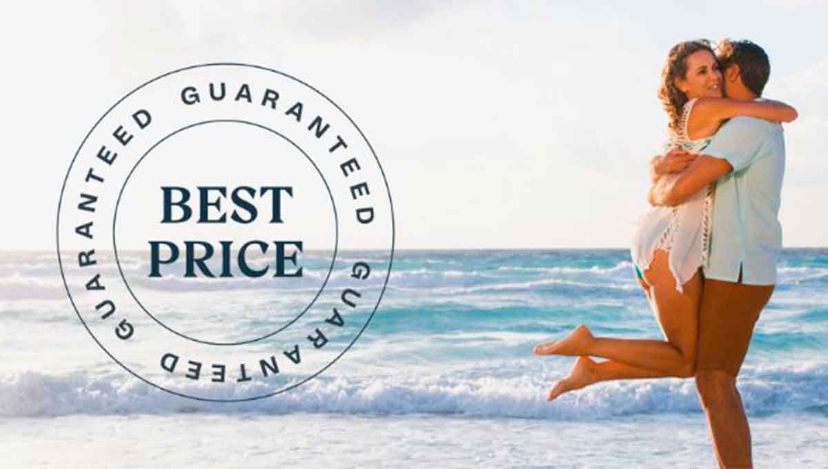 couple on the beach and logo of the best price guaranteed service.